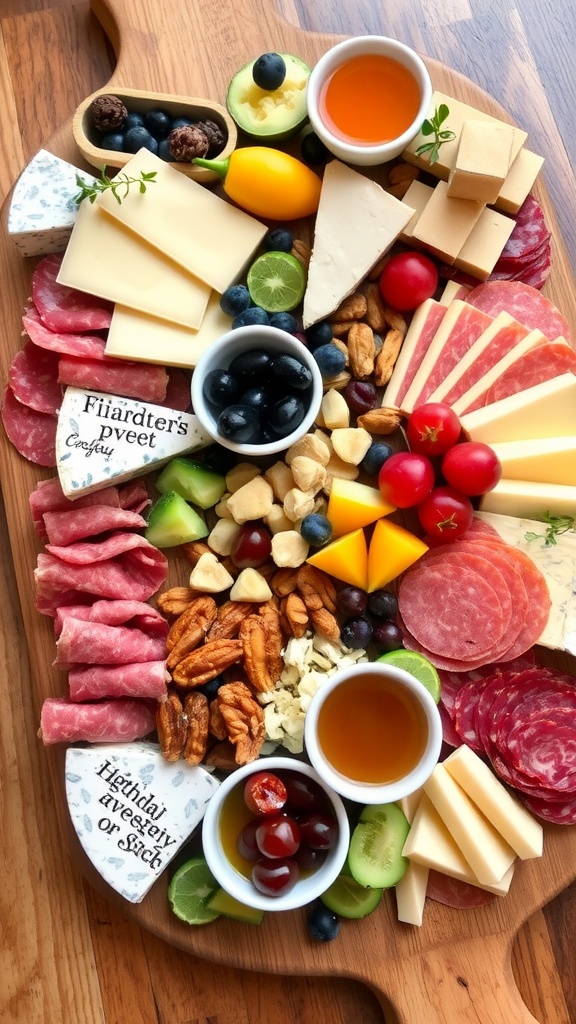 A colorful charcuterie board with assorted cheese, cured meats, fresh fruits, nuts, and olives, arranged on a wooden board.